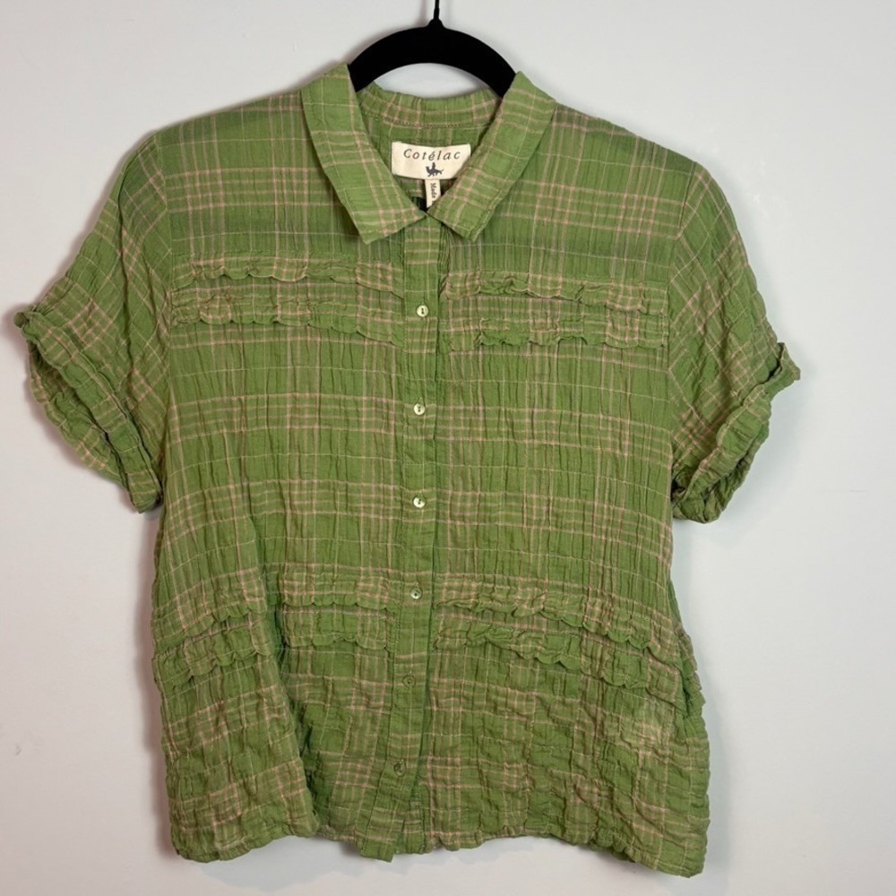 Cotelac Womens Green Crinkle Crepe Short Sleeve Button up boxy shirt sz 2/Sm